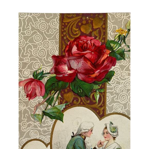 Antique Early 1900s Ephemera Valentine Postcard Edwardian Era Lovers Roses Heart - Picture 3 of 5